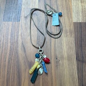 NWT Chicos Long Pendant Cluster Lucky Charm Brown Leather Cord Necklace Crystals